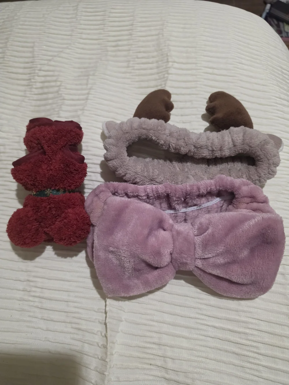 Plush Bow and Deer Antler Headband And Washcloth Set - Pink, Mauve, Red